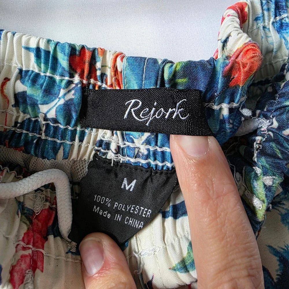 Rejork Mens Floral Tropical Swim Trunks Cargo Pocket Mesh Lining Blue Orange M